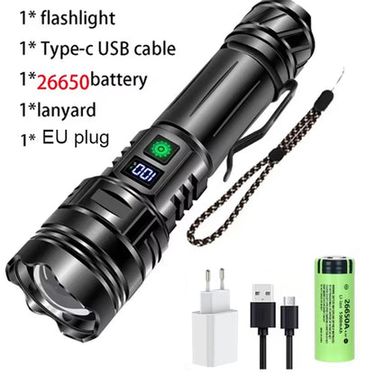 High Power LED Flashlight Type-C USB Rechargeable Long Range Tactical Torch Strong Light Lamp Outdoor Ultra Powerful Flash Light