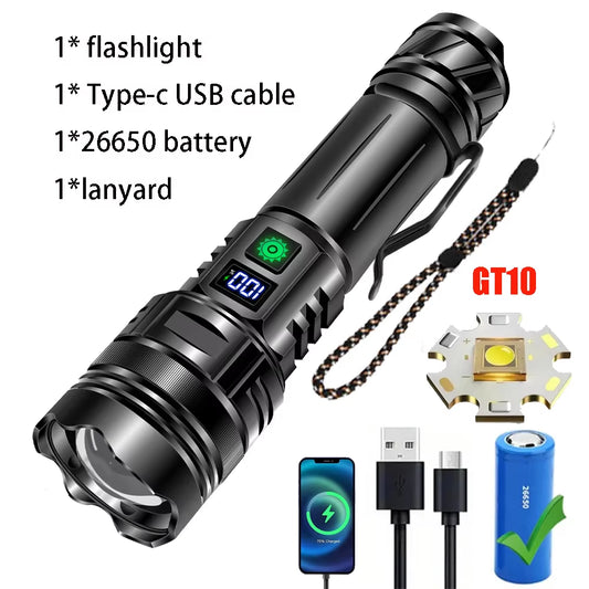 High Power LED Flashlight Type-C USB Rechargeable Long Range Tactical Torch Strong Light Lamp Outdoor Ultra Powerful Flash Light