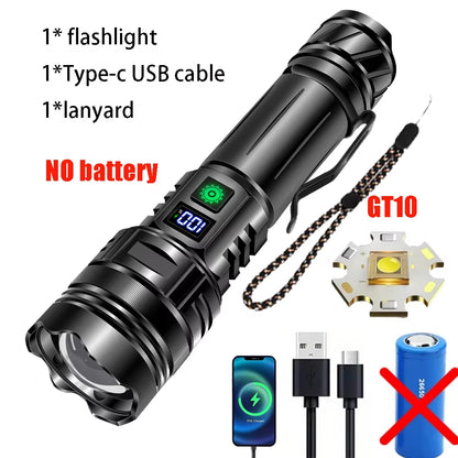 High Power LED Flashlight Type-C USB Rechargeable Long Range Tactical Torch Strong Light Lamp Outdoor Ultra Powerful Flash Light